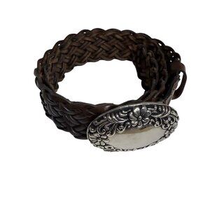 Woven Braided Brown Leather Belt Size ML Silvertone 3D Raised Floral Buckle